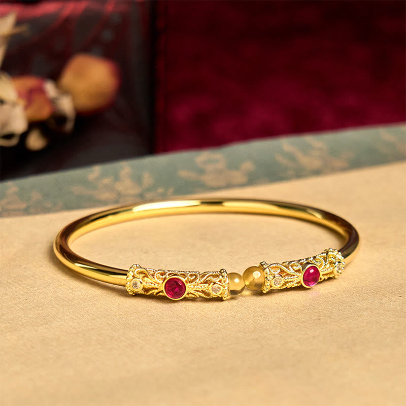 Buddha Stones Golden Flower Pattern Red Zircon Amber Copper Luck Cuff Bracelet Bangle