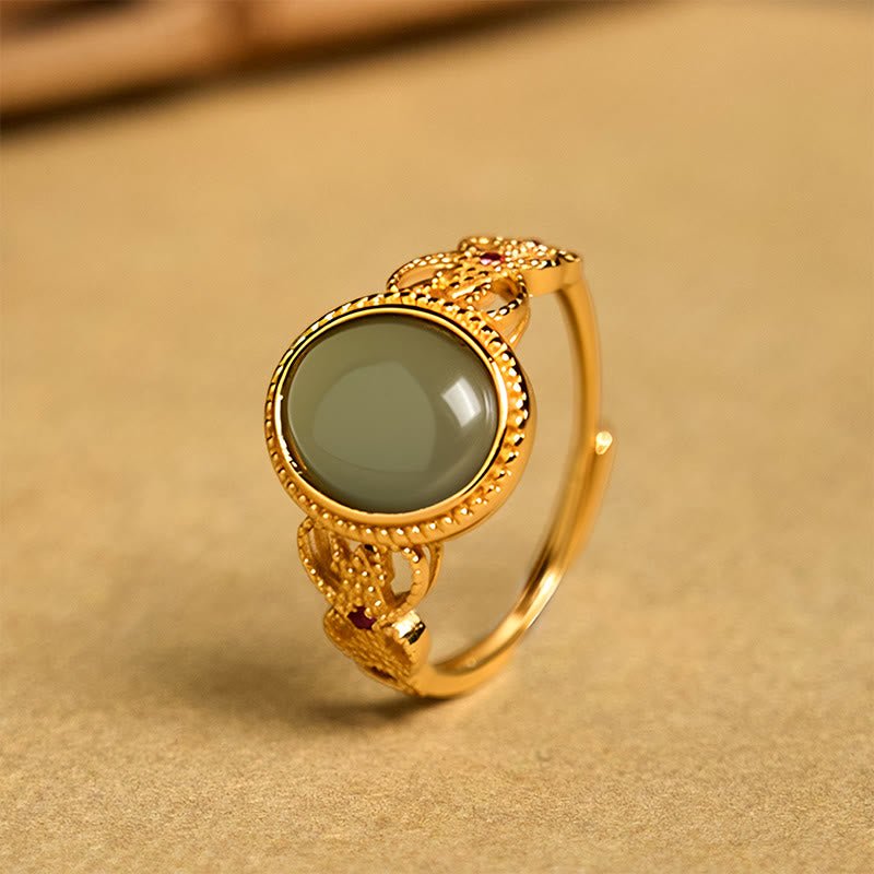 Buddha Stones Natural 925 Sterling Silver Plated Gold Hollow Design Jade Luck Ring