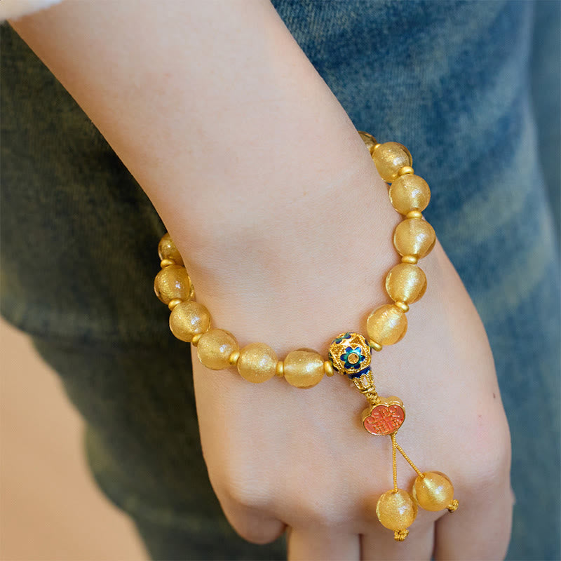 Buddha Stones Gold Foil Liuli Glass Bead Ruyi Golden Ingot Fortune Bracelet
