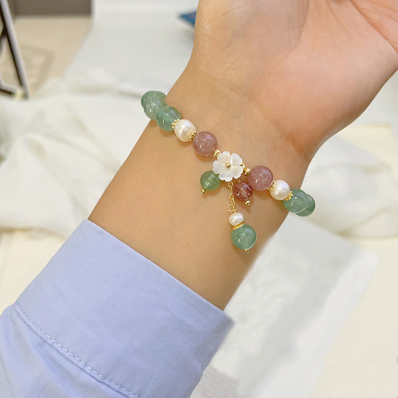 Buddha Stones Green Strawberry Quartz Shell Peach Blossom Soothing Bracelet