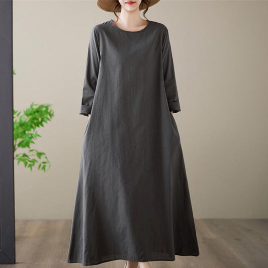 Buddha Stones Casual Plain Crew Neck Cotton Linen Midi Dress With Pockets