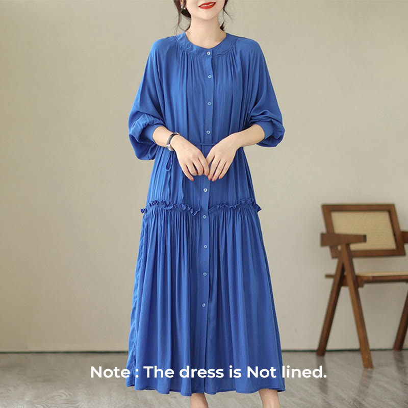 Buddha Stones Casual Plain Crew Neck Pleated Polyester Midi Dress With Pockets