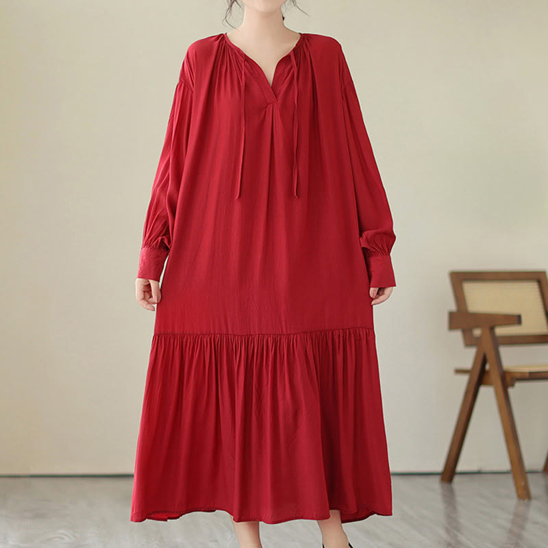 Buddha Stones Casual Plain Two-sided Style Dress Chiffon Midi Dress With Pockets