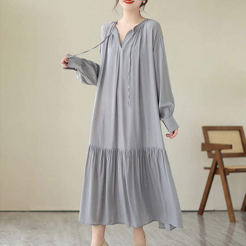 Buddha Stones Casual Plain Two-sided Style Dress Chiffon Midi Dress With Pockets