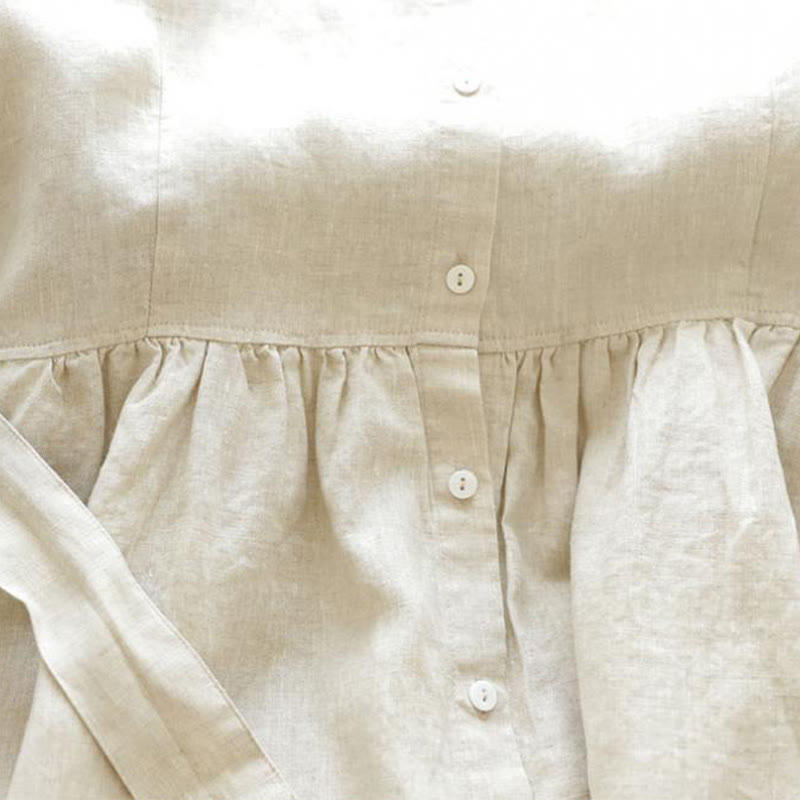 Buddha Stones Casual Plain Lace-up Stand Collar Linen Midi Dress With Pockets