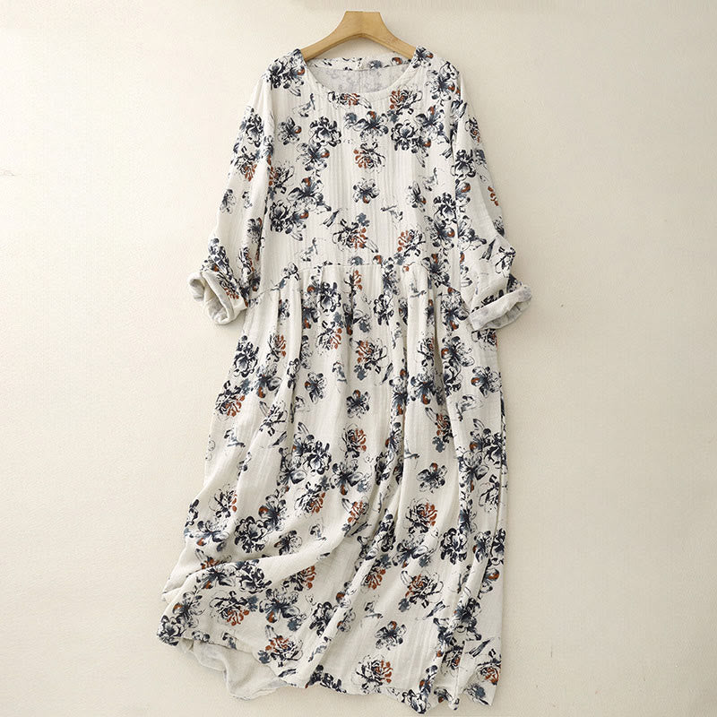 Buddha Stones Casual Small Floral Pattern Crew Neck Cotton Linen Midi Dress With Pockets