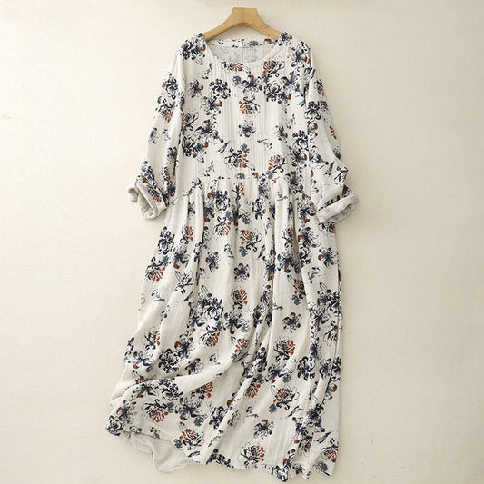 Buddha Stones Casual Small Floral Pattern Crew Neck Cotton Linen Midi Dress With Pockets
