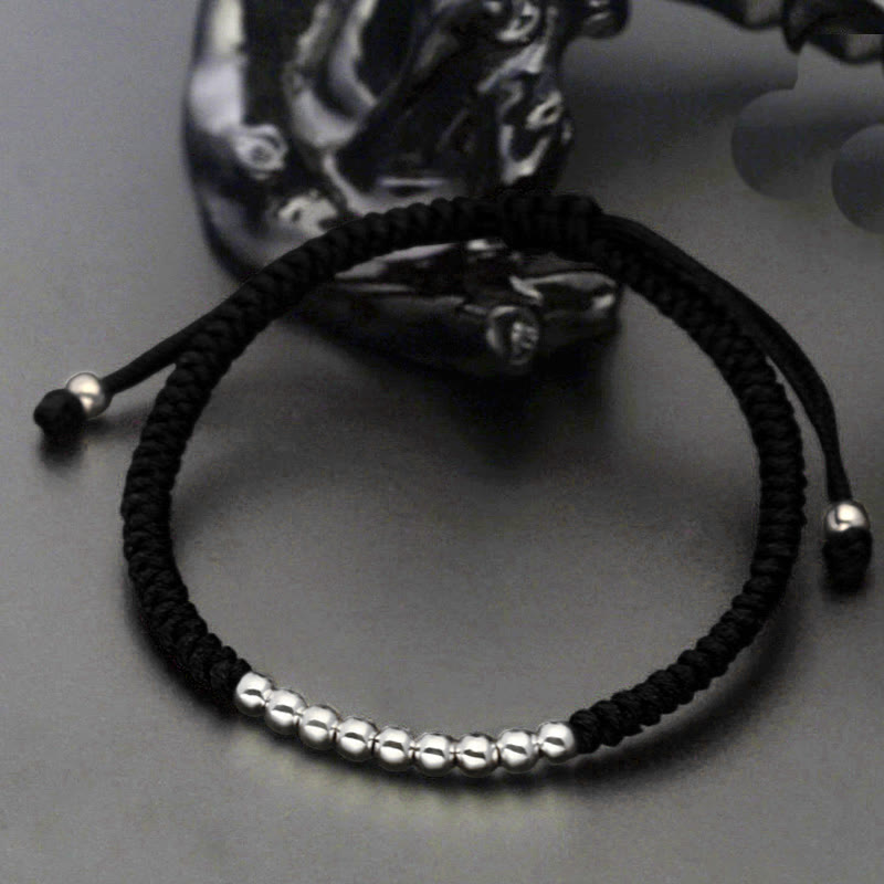 Buddha Stones Retro 925 Sterling Silver Simple Beads Knot Design Luck String Bracelet