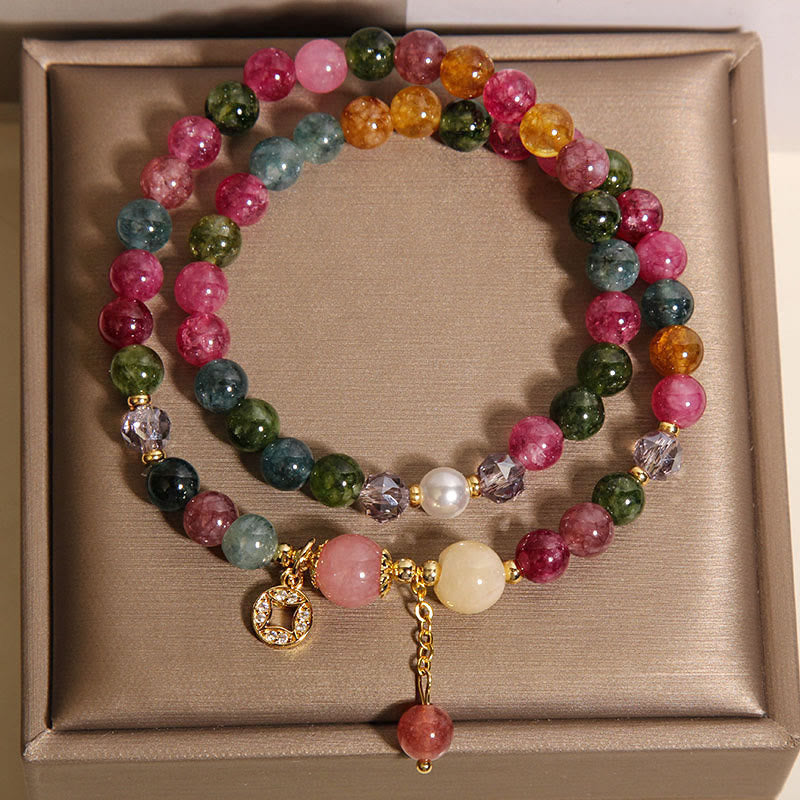 Buddha Stones Tourmaline Purple Jade Aquamarine Jade Copper Coin Positive Double Wrap Bracelet
