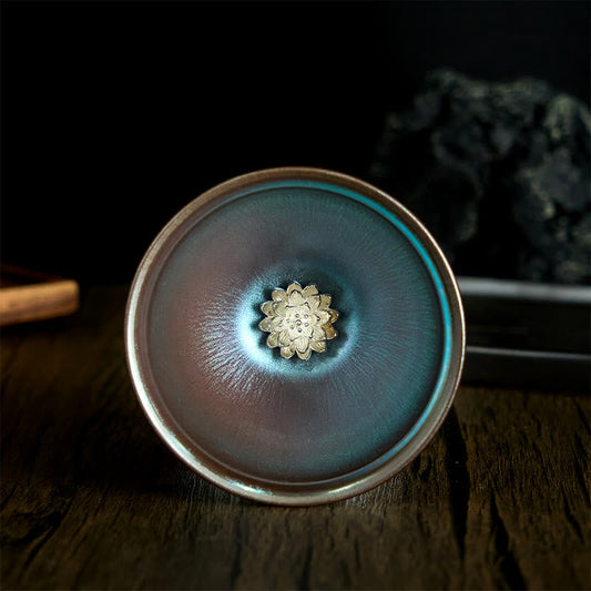 Buddha Stones Handmade Chinese Jianzhan Lotus Flower Blue Purple Ceramic Teacup Kung Fu Tea Cup 150ml