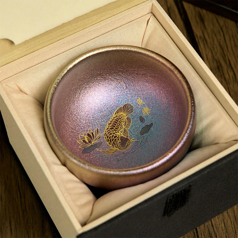 Buddha Stones Handmade Chinese Jianzhan Koi Fish Lotus Leaf Ceramic Teacup Kung Fu Tea Cup 150ml