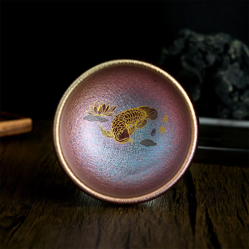 Buddha Stones Handmade Chinese Jianzhan Koi Fish Lotus Leaf Ceramic Teacup Kung Fu Tea Cup 150ml