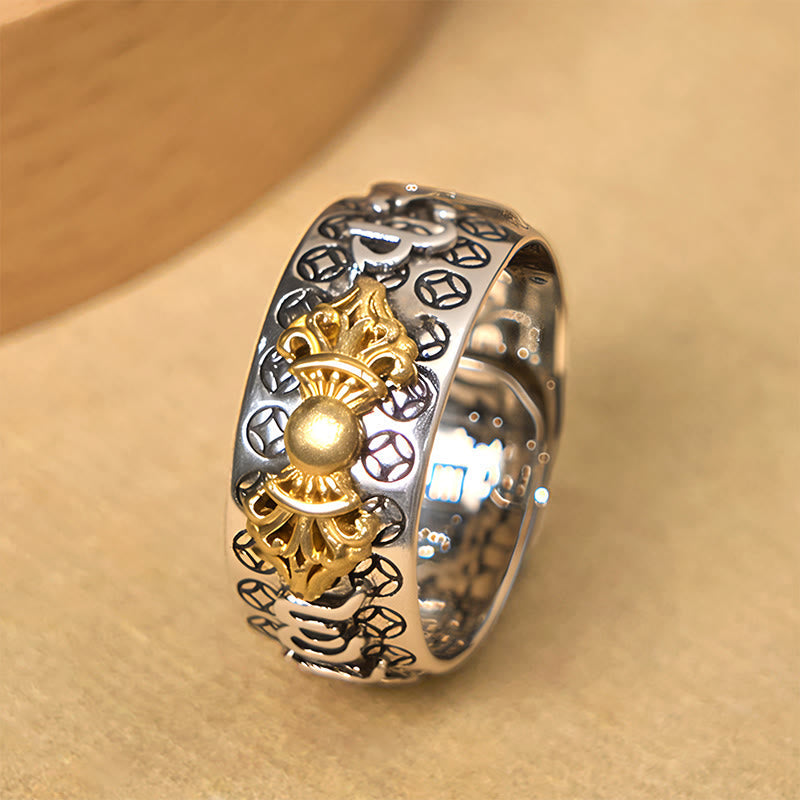 Buddha Stones Vintage Om Mani Padme Hum Vajra Copper Plated Silver Balance Ring