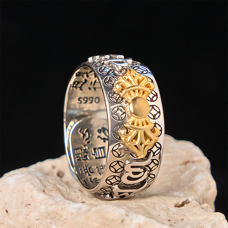 Buddha Stones Vintage Om Mani Padme Hum Vajra Copper Plated Silver Balance Ring
