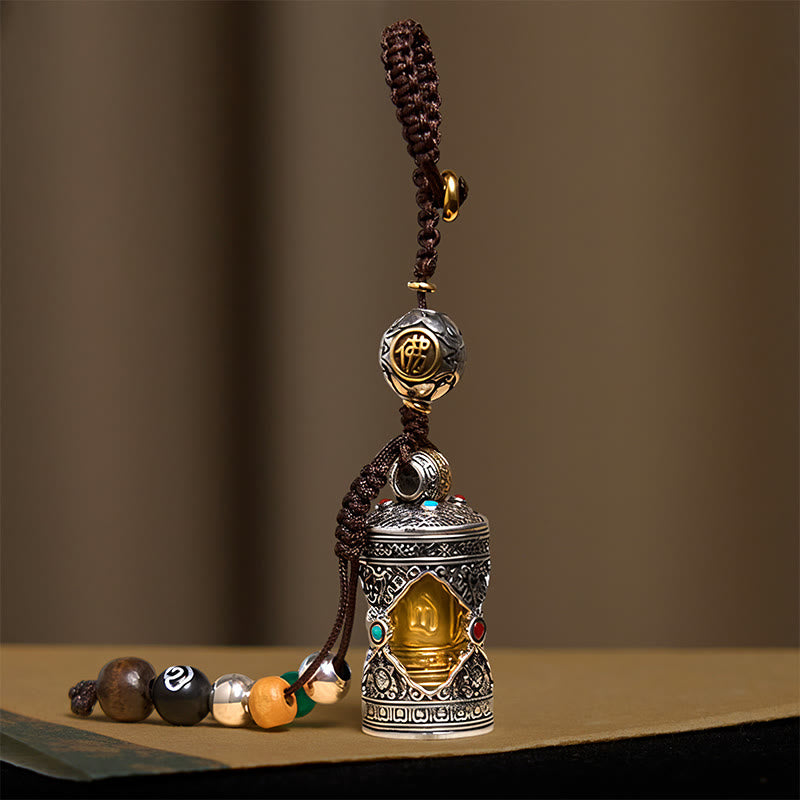 Buddha Stones Om Mani Padme Hum Ghau Prayer Box Copper Plated Silver Luck Key Chain
