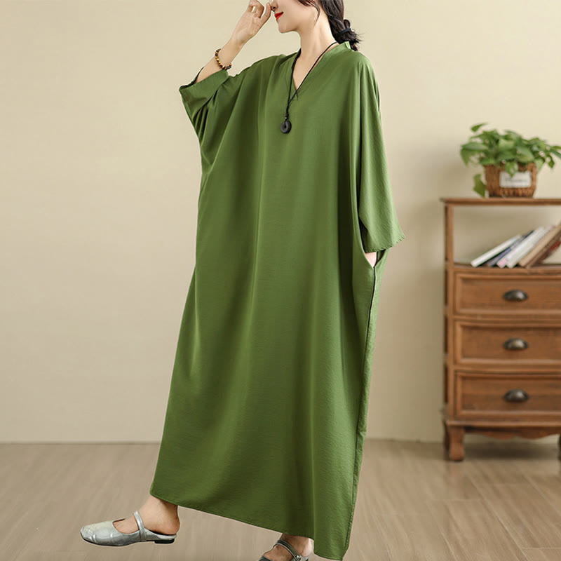 Buddha Stones Retro Casual Solid Color Long Sleeve Cotton Linen Maxi Dress With Pockets