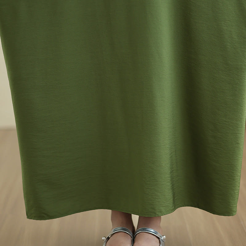 Buddha Stones Retro Casual Solid Color Long Sleeve Cotton Linen Maxi Dress With Pockets
