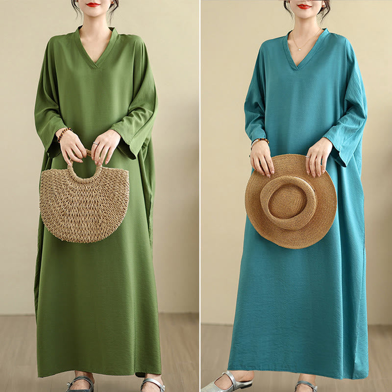Buddha Stones Retro Casual Solid Color Long Sleeve Cotton Linen Maxi Dress With Pockets