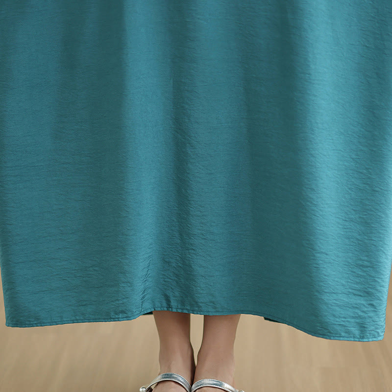 Buddha Stones Retro Casual Solid Color Long Sleeve Cotton Linen Maxi Dress With Pockets