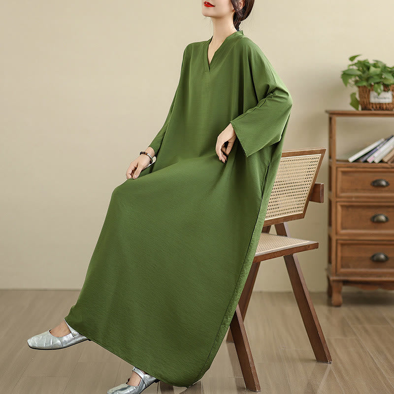 Buddha Stones Retro Casual Solid Color Long Sleeve Cotton Linen Maxi Dress With Pockets