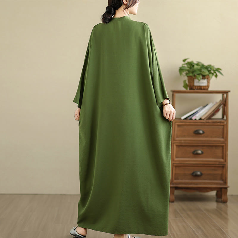 Buddha Stones Retro Casual Solid Color Long Sleeve Cotton Linen Maxi Dress With Pockets