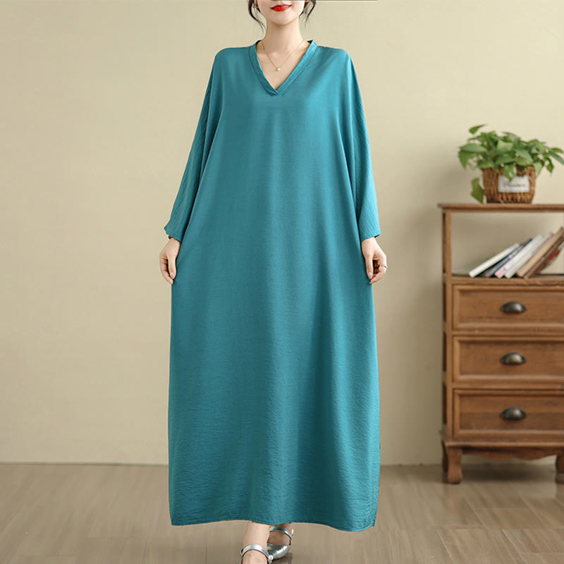 Buddha Stones Retro Casual Solid Color Long Sleeve Cotton Linen Maxi Dress With Pockets