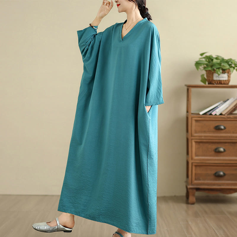 Buddha Stones Retro Casual Solid Color Long Sleeve Cotton Linen Maxi Dress With Pockets