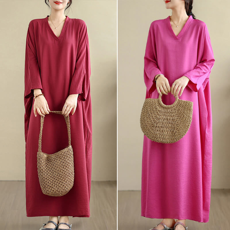 Buddha Stones Retro Casual Solid Color Long Sleeve Cotton Linen Maxi Dress With Pockets