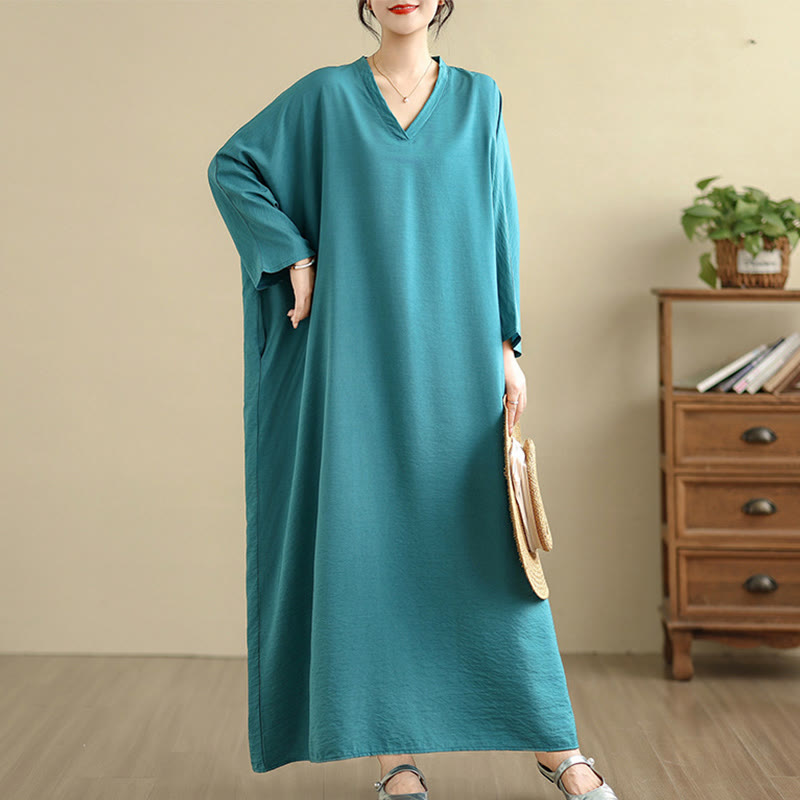Buddha Stones Retro Casual Solid Color Long Sleeve Cotton Linen Maxi Dress With Pockets