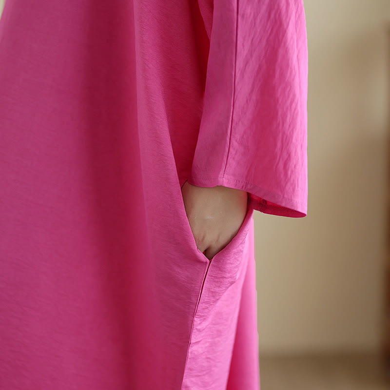 Buddha Stones Retro Casual Solid Color Long Sleeve Cotton Linen Maxi Dress With Pockets