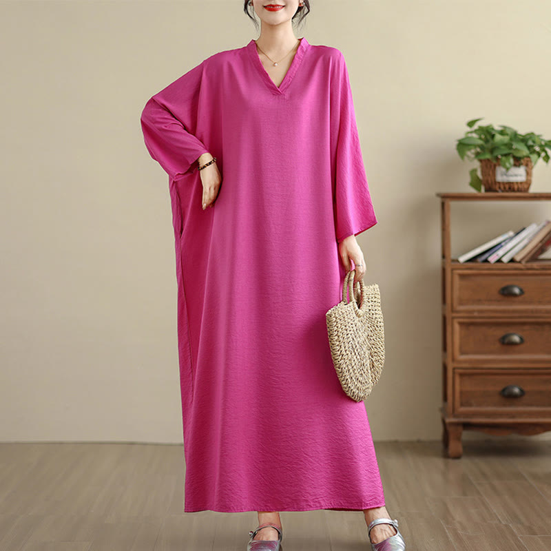 Buddha Stones Retro Casual Solid Color Long Sleeve Cotton Linen Maxi Dress With Pockets