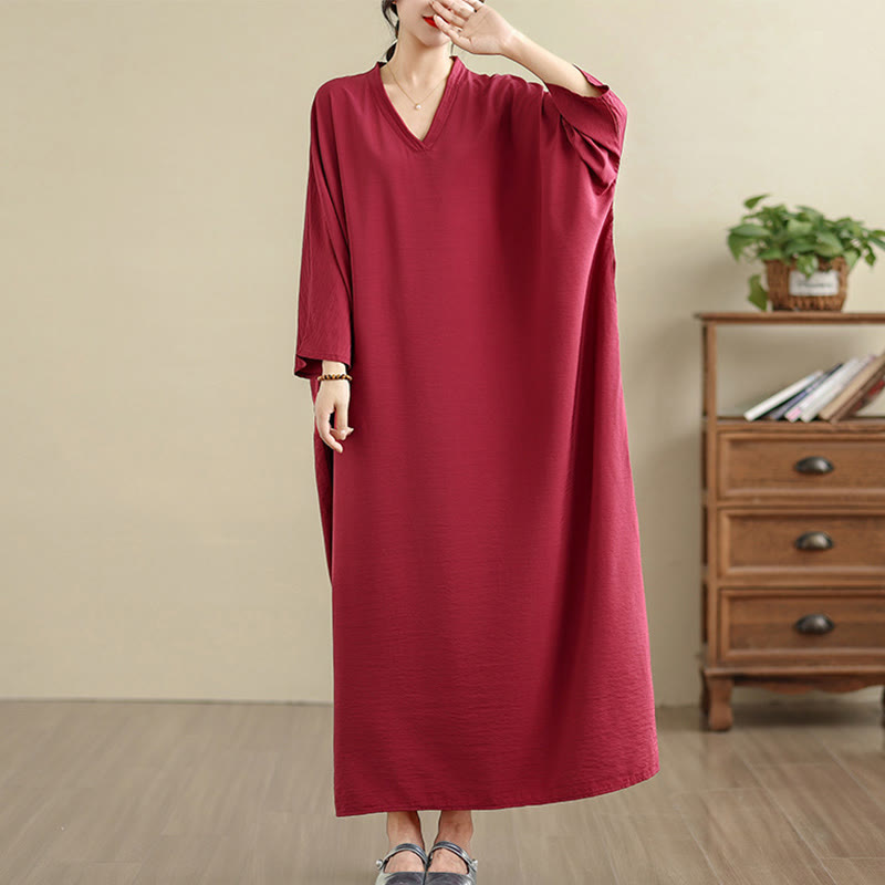 Buddha Stones Retro Casual Solid Color Long Sleeve Cotton Linen Maxi Dress With Pockets