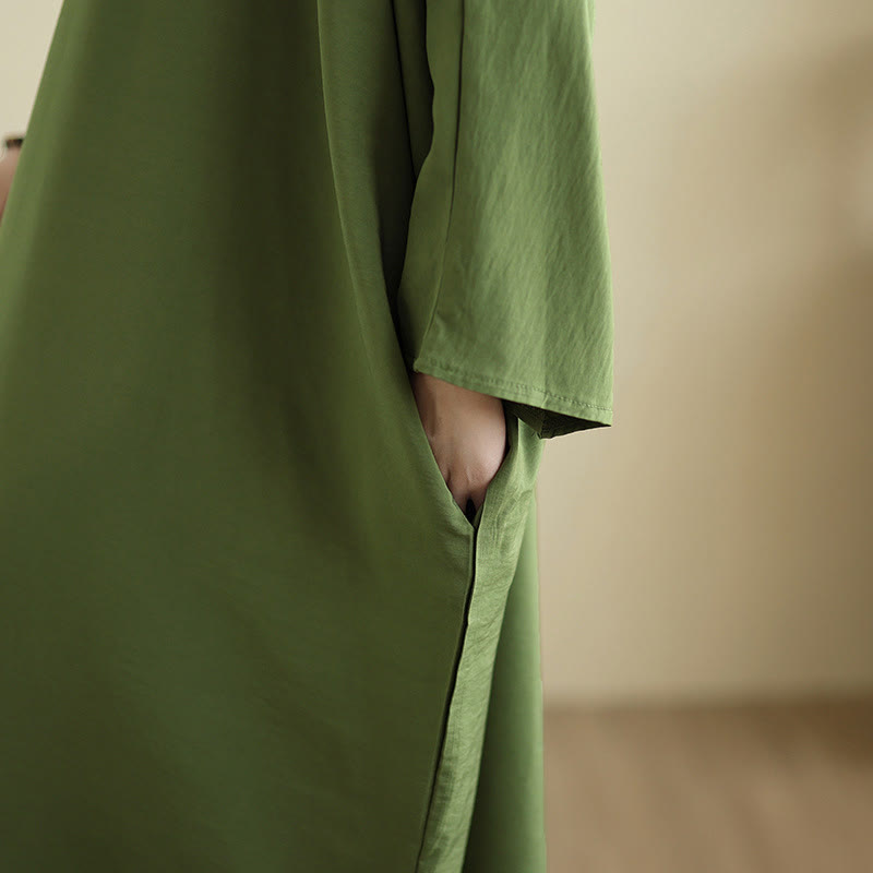 Buddha Stones Retro Casual Solid Color Long Sleeve Cotton Linen Maxi Dress With Pockets