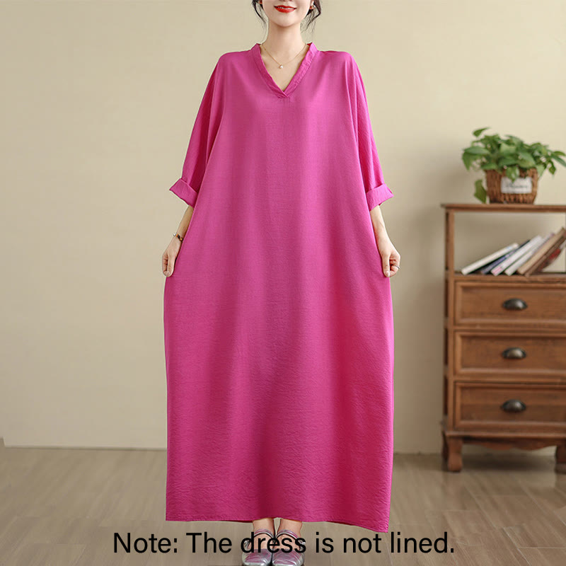 Buddha Stones Retro Casual Solid Color Long Sleeve Cotton Linen Maxi Dress With Pockets