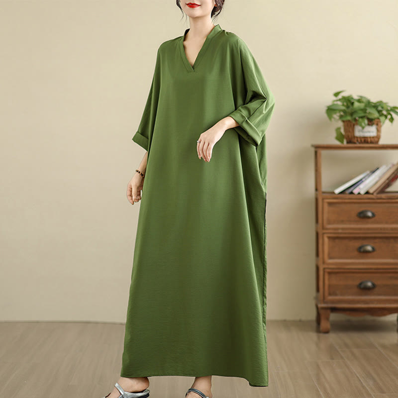 Buddha Stones Retro Casual Solid Color Long Sleeve Cotton Linen Maxi Dress With Pockets
