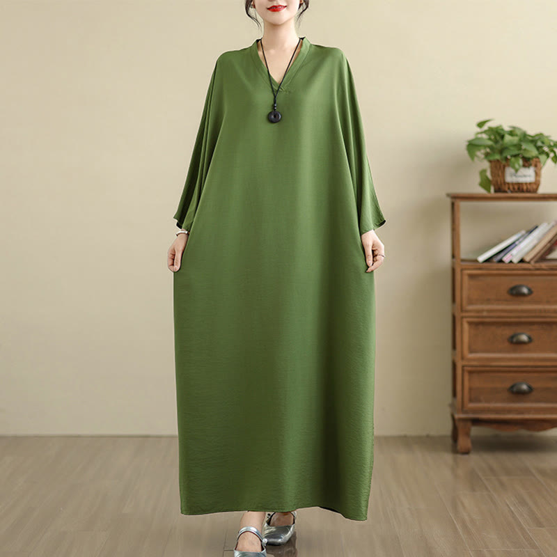 Buddha Stones Retro Casual Solid Color Long Sleeve Cotton Linen Maxi Dress With Pockets