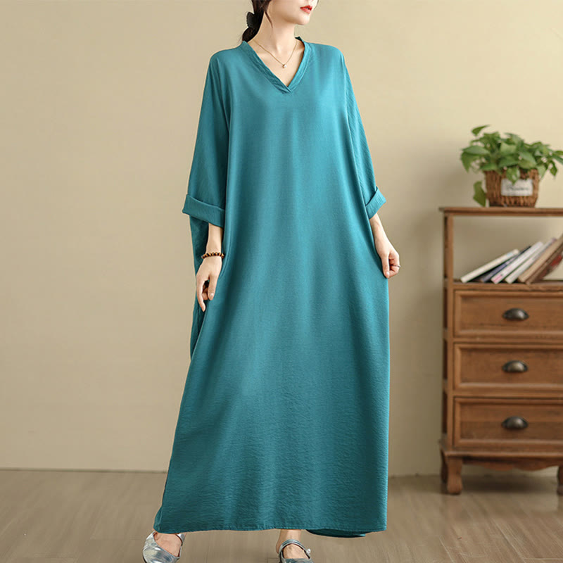 Buddha Stones Retro Casual Solid Color Long Sleeve Cotton Linen Maxi Dress With Pockets
