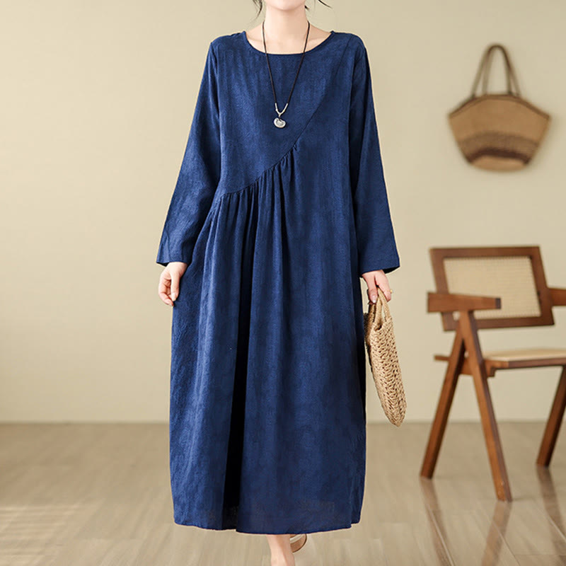 Buddha Stones Plain Jacquard Flower Irregular Long Sleeve Cotton Linen Midi Dress With Pockets