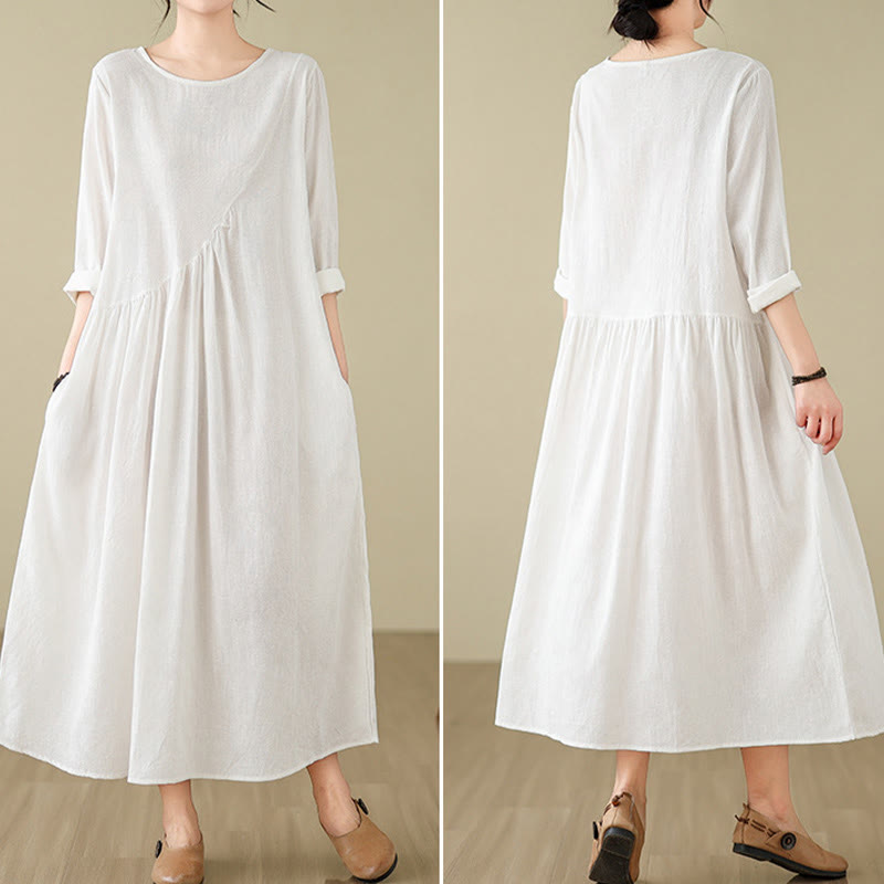 Buddha Stones Plain Jacquard Flower Irregular Long Sleeve Cotton Linen Midi Dress With Pockets