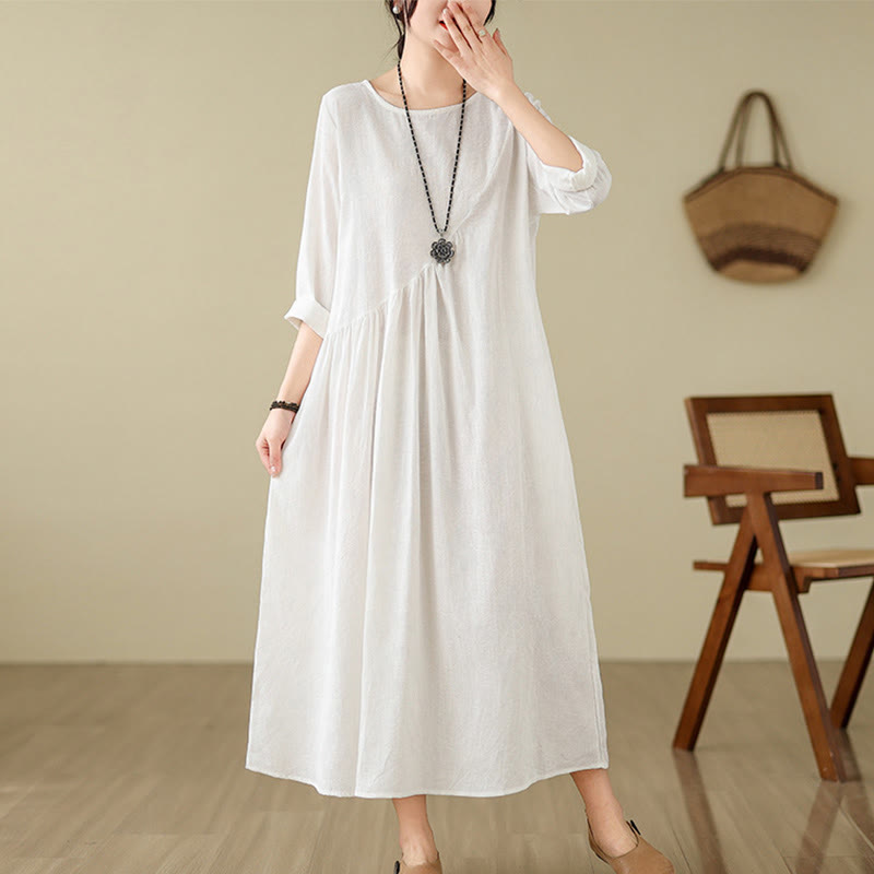 Buddha Stones Plain Jacquard Flower Irregular Long Sleeve Cotton Linen Midi Dress With Pockets