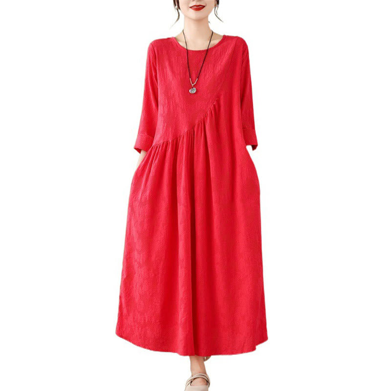 Buddha Stones Plain Jacquard Flower Irregular Long Sleeve Cotton Linen Midi Dress With Pockets