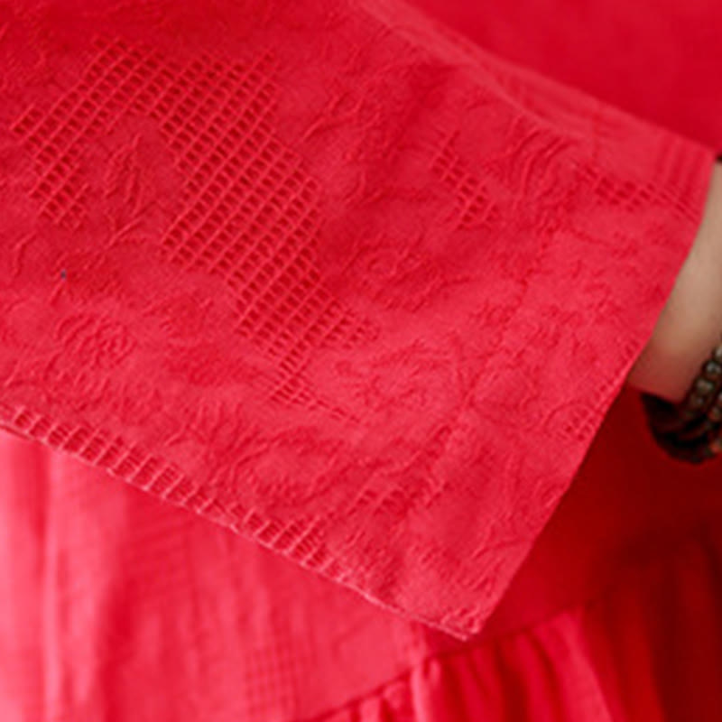 Buddha Stones Plain Jacquard Flower Irregular Long Sleeve Cotton Linen Midi Dress With Pockets