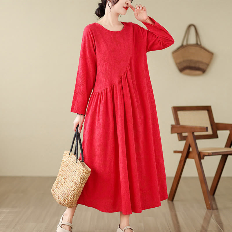 Buddha Stones Plain Jacquard Flower Irregular Long Sleeve Cotton Linen Midi Dress With Pockets