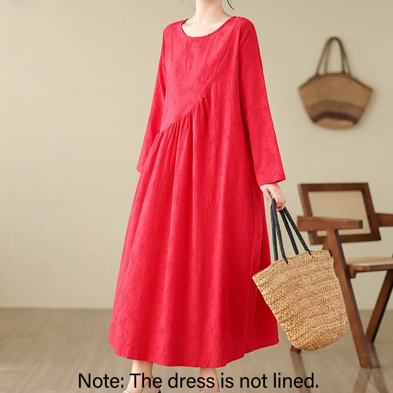 Buddha Stones Plain Jacquard Flower Irregular Long Sleeve Cotton Linen Midi Dress With Pockets