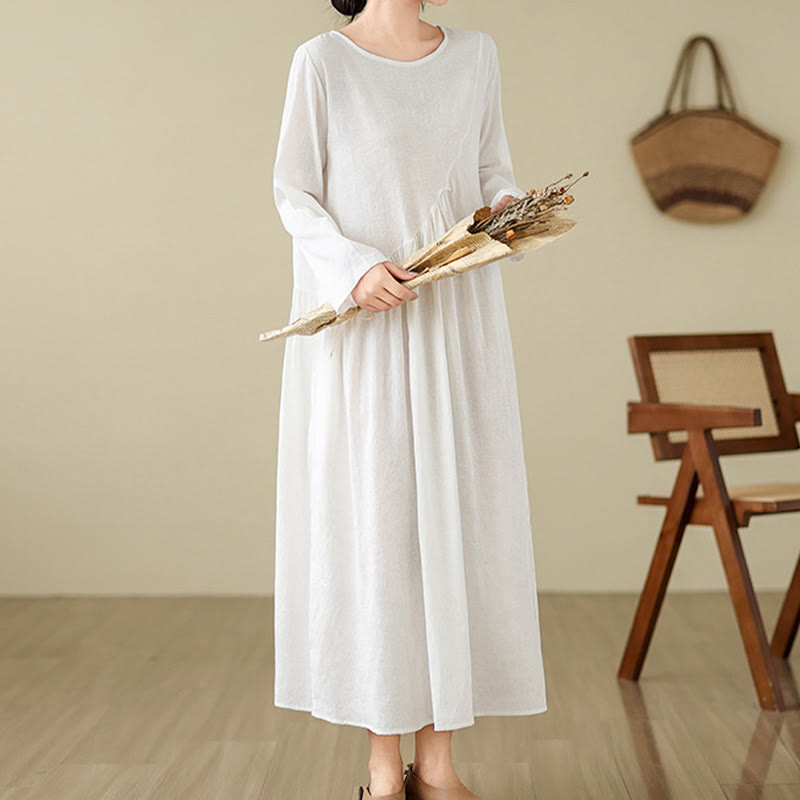 Buddha Stones Plain Jacquard Flower Irregular Long Sleeve Cotton Linen Midi Dress With Pockets