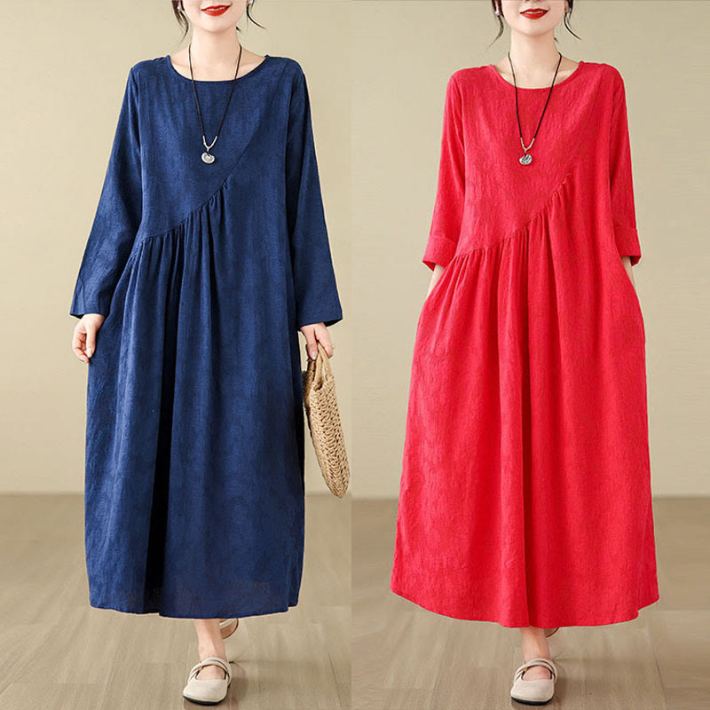 Buddha Stones Plain Jacquard Flower Irregular Long Sleeve Cotton Linen Midi Dress With Pockets