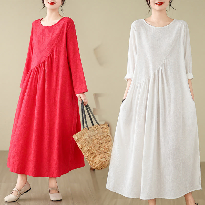 Buddha Stones Plain Jacquard Flower Irregular Long Sleeve Cotton Linen Midi Dress With Pockets