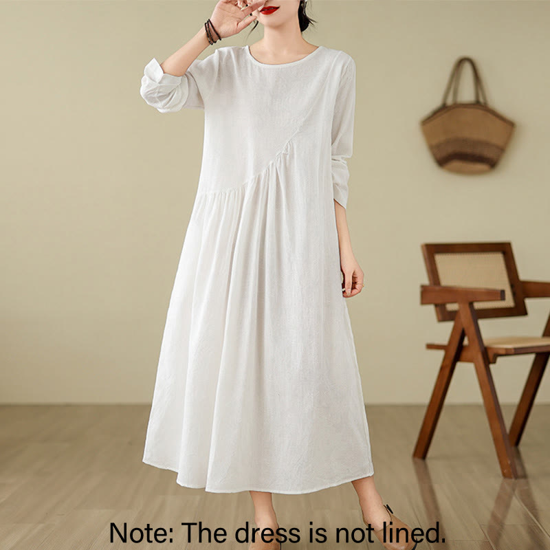 Buddha Stones Plain Jacquard Flower Irregular Long Sleeve Cotton Linen Midi Dress With Pockets