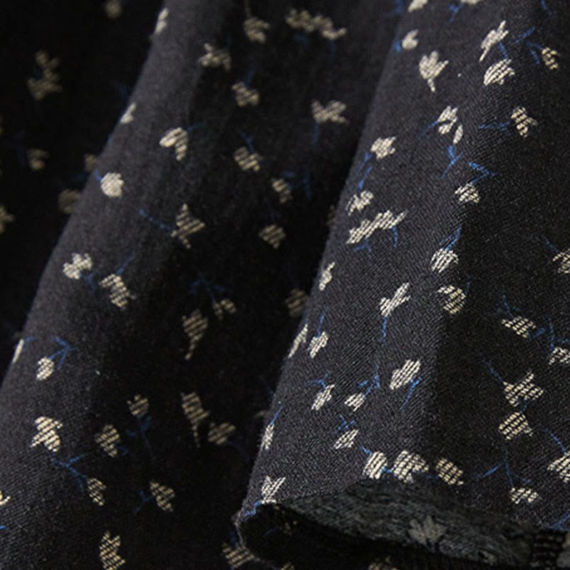 Buddha Stones Printing Buttons Lace Lapel Design Cotton Linen Long Sleeve Midi Dress With Pockets