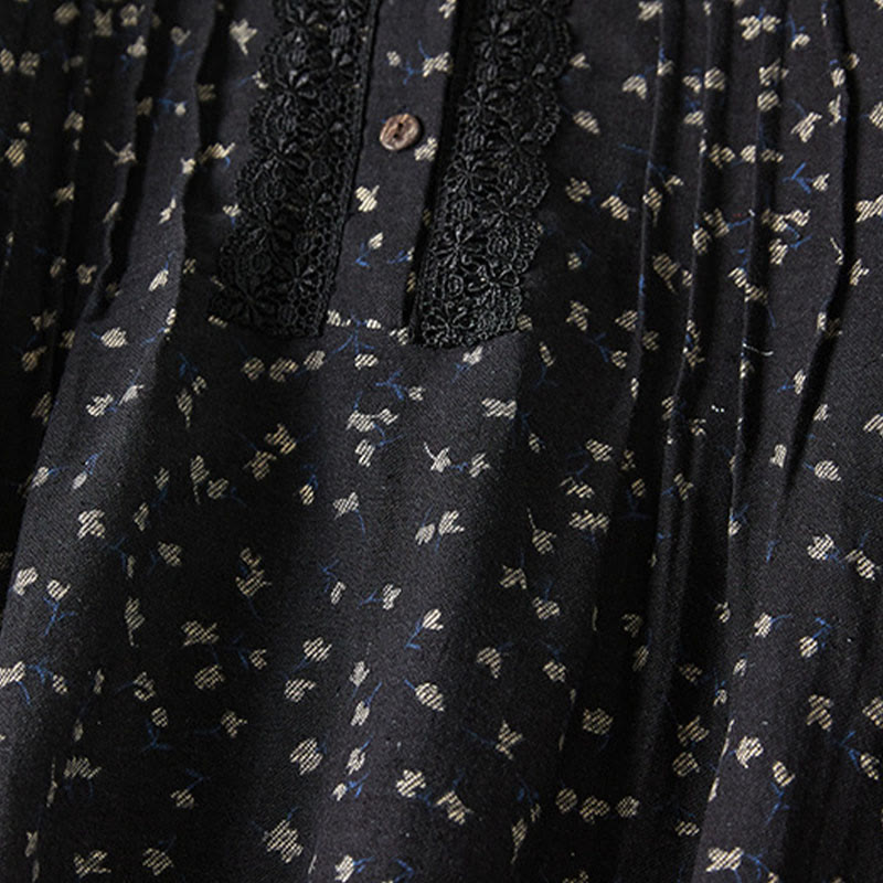 Buddha Stones Printing Buttons Lace Lapel Design Cotton Linen Long Sleeve Midi Dress With Pockets